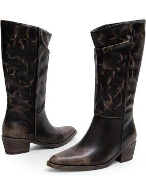 Women's Bronze Western Mid Calf Low Chunky Heel Pointed Toe Cowgirl Boots